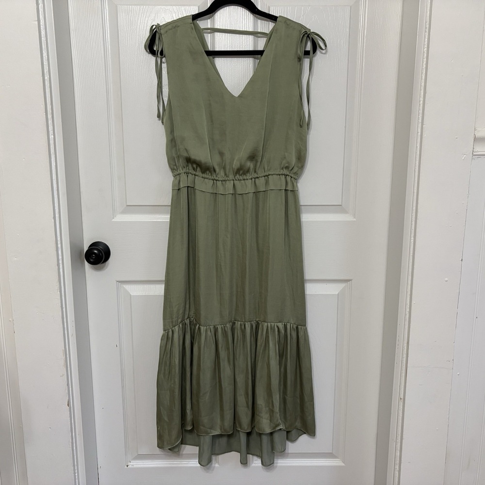 NWT Tahari Airflow Tiered Midi Dress M Palm Green Sage Tie Shoulder Satin Ruffle